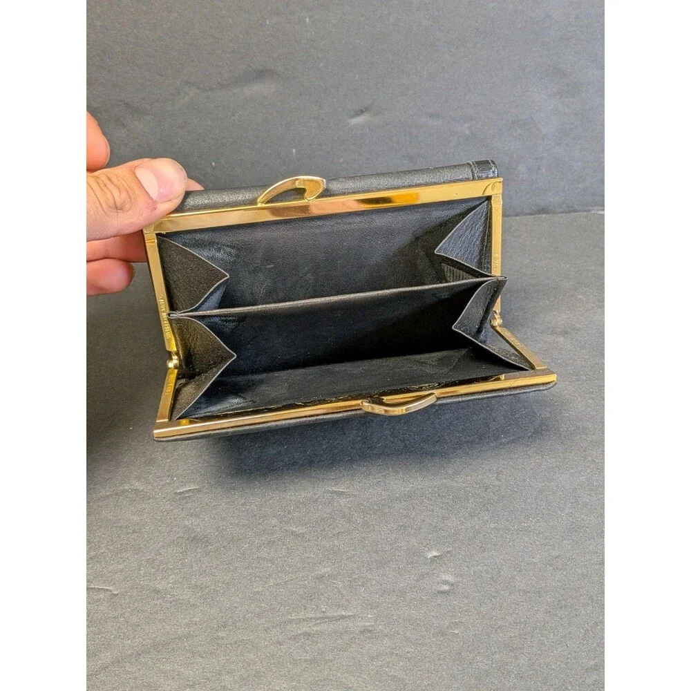 HCL Black Leather Kisslock Coin Pocket Credit Card Trifold Wallet - Vintage